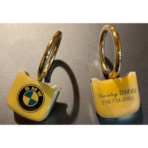 Set Of 2 Ganley BMW Keychain Rings Yellow w/ Logo & Contact Info, Metal Design - Picture 3 of 3